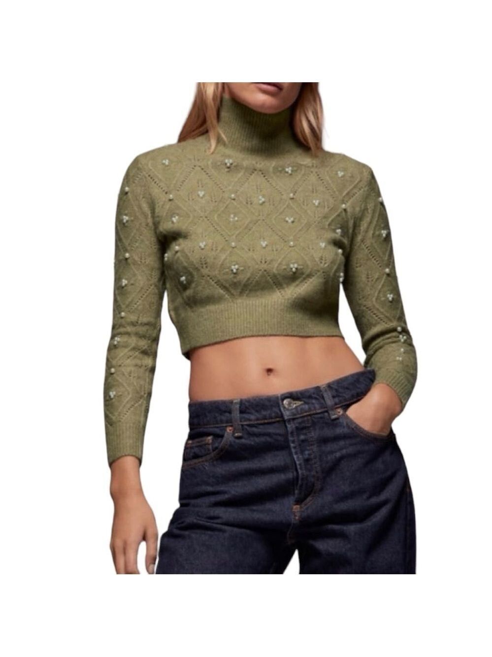 Zara Pearl Embellished Mock Turtle Neck Cropped Knit Sweater - Picture 5 of 11